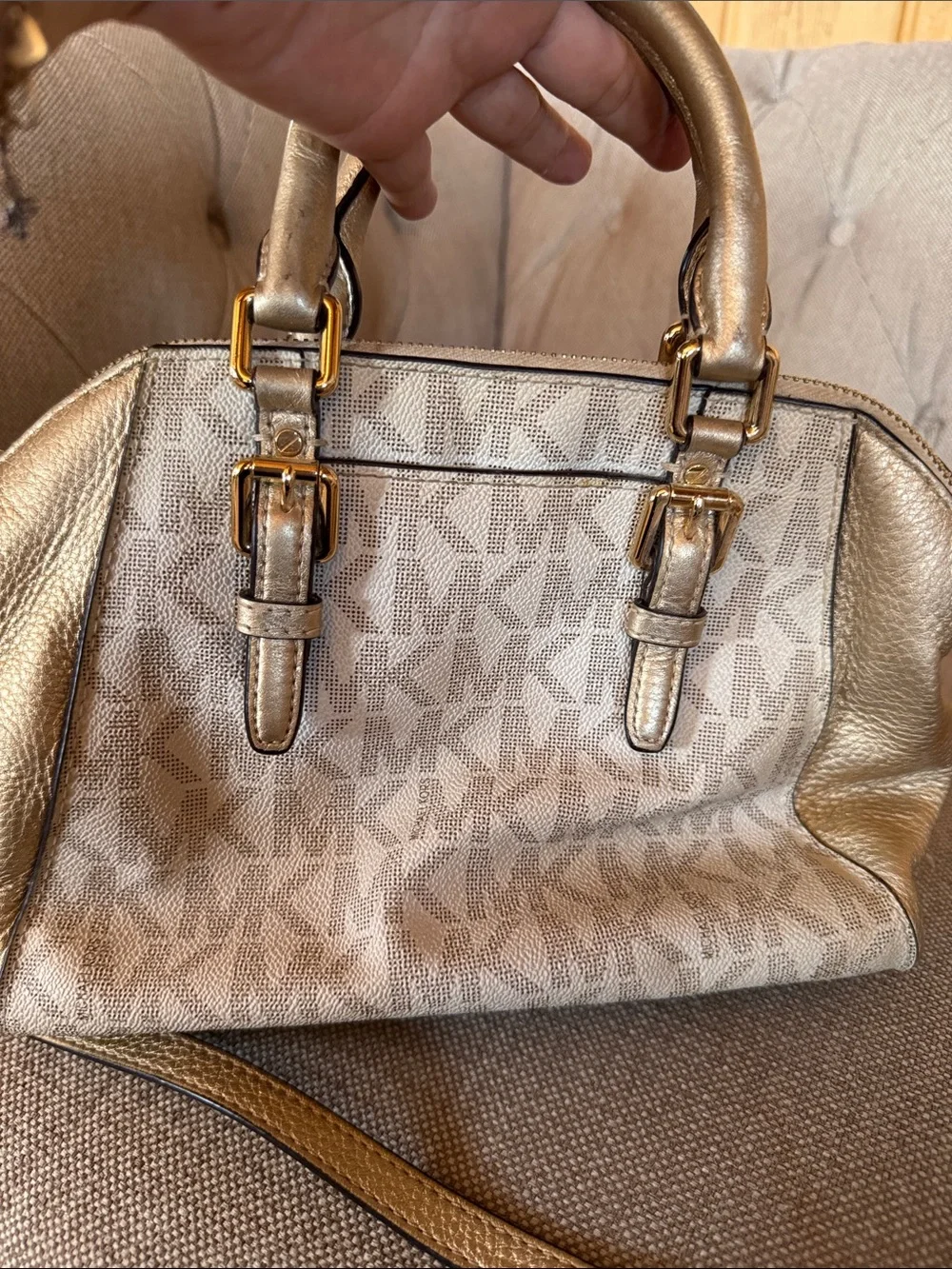 Michael Kors Metallic Gold Logo Satchel with Crossbody Strap